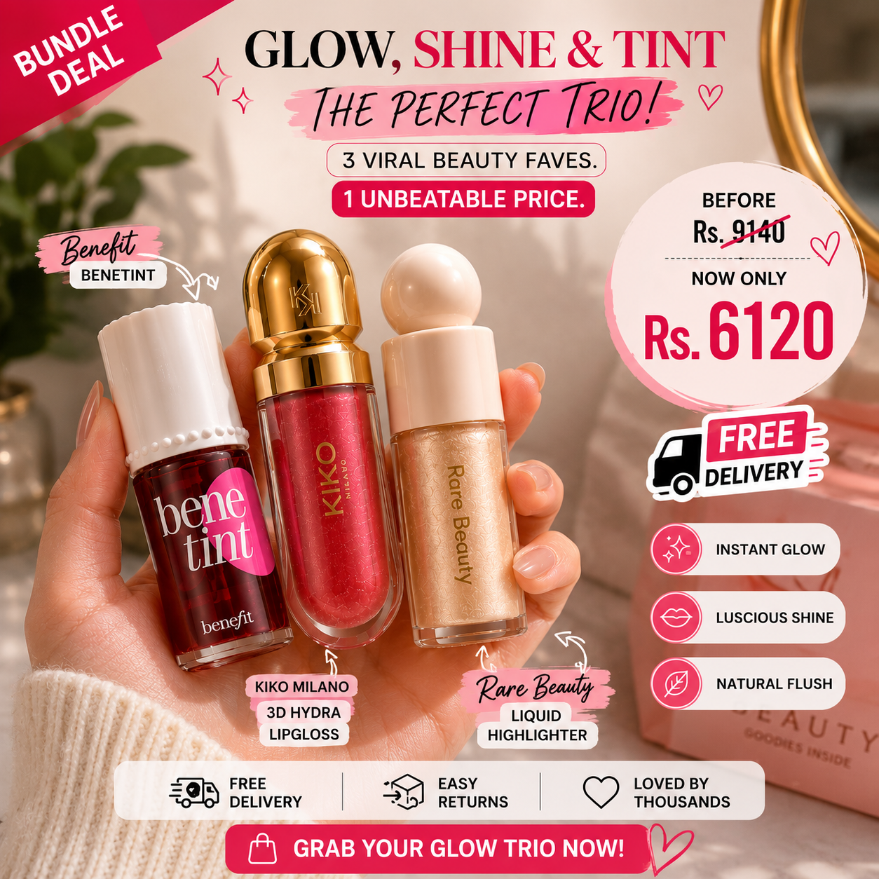 The Ultimate Glow Trio Bundle – Benefit Benetint + KIKO Milano 3D Hydra + Rare Beauty Liquid Highlighter